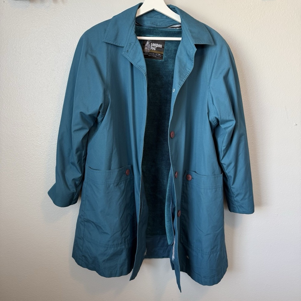 Vintage London Fog Teal Fleece Lined Button Trench Coat Jacket Womens sz 16
